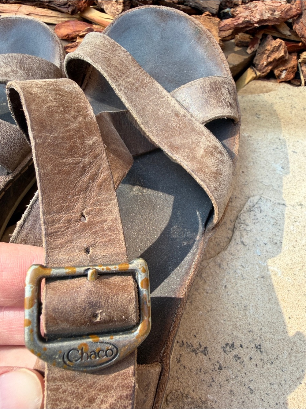 Chaco Brown Leather Cross-Strap Buckle Sandals - Picture 4 of 7